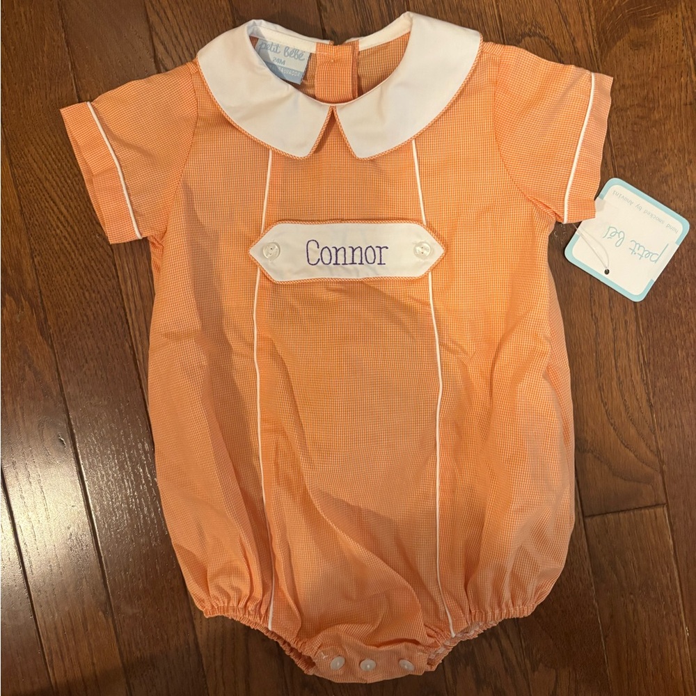 NWT Petit Bebe Orange Gingham Bubble with Connor Monogram